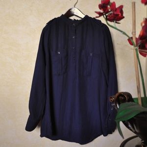 Navy Mandarin Collar Button Up Top